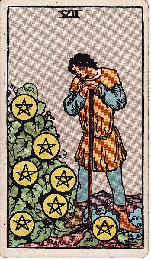 The Seven of Pentacles tarot card